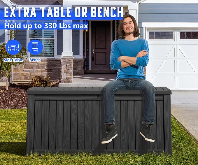 150 Gal Deck Box,Outdoor Storage Box Waterproof Lockable,Gas Lift,Black | Large Resin Deck Box, UV-resistant all-weather, lockable storage for patio furniture, garden tools, pool accessories, black