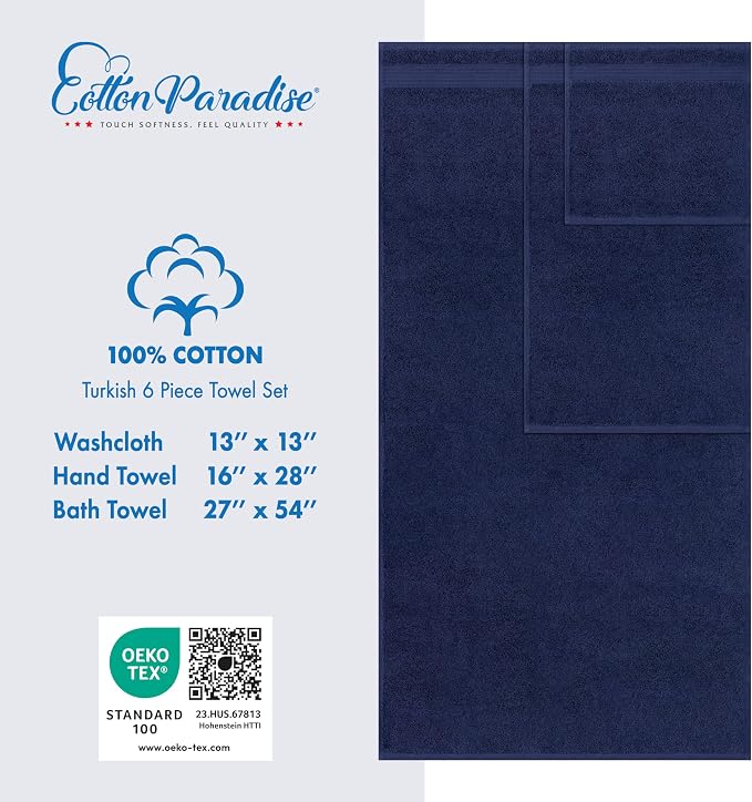 Cotton Paradise 100% Cotton Turkish Towel Set, Soft Absorbent Quick Dry, 6 Piece Towel Set, Navy Blue
