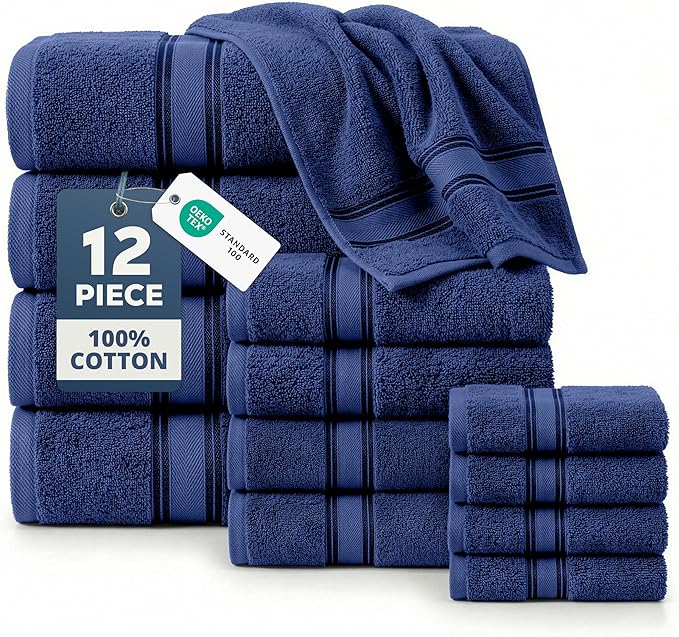 LANE LINEN 100% Mercerized Cotton Towels Set 12 – Zero Twist, 4 Bath Towels, 4 Hand Towel & 4 Washcloths, Stays Plush After Washes, Ideal for Spa, Hotel & Family Bathrooms, Highly Absorbent – Navy