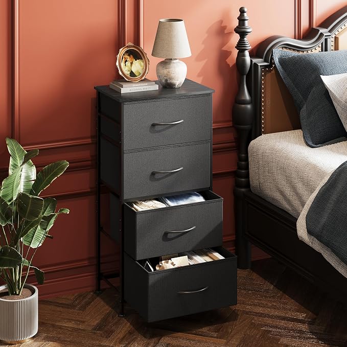 WLIVE Small Dresser Nightstand for Bedroom, 4 Drawers, Charcoal Black | 4 vertical fabric drawers, Space-saving tower, Bedroom or closet use, Chest of drawers, Dresser for small spaces