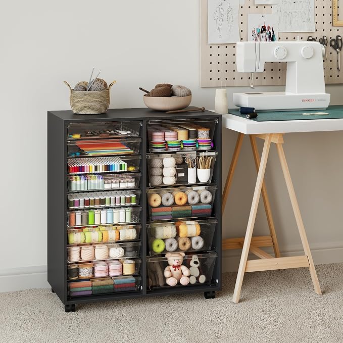 WOPITUES Mobile Storage Cabinet with 15 Clear Drawers, Craft Cabinet with 5 Large Drawers, Cart with Wooden Tabletop, Printer Stand Home Office, Dresser Chest, Modern Black