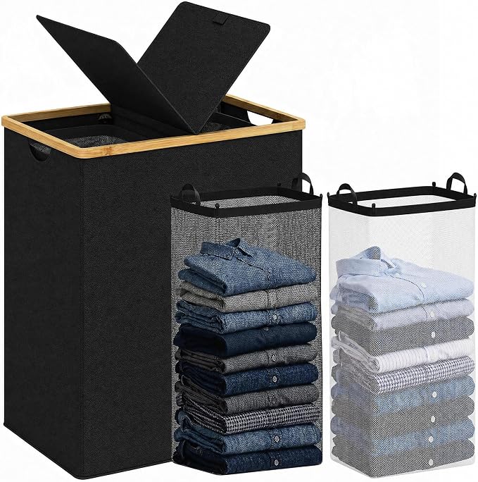 efluky Laundry Hamper with Lid, Double Laundry Basket with 2 Removable Bags, 2 Section Laundry Bin with Bamboo Handles for Bathroom, Bedroom & Laundry Room, 170L (44.9 Gallon) Black