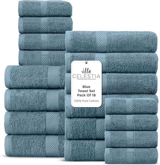 Villa Celestia 100% Cotton Bath Towel Set of 18-4 Bath Towels, 6 Hand Towels, 8 Wash Cloths, Sustainable, Soft, Highly Absorbent, Combed Cotton 18 Piece Set for Hotels, Spa, Bathroom, Dorm, Blue