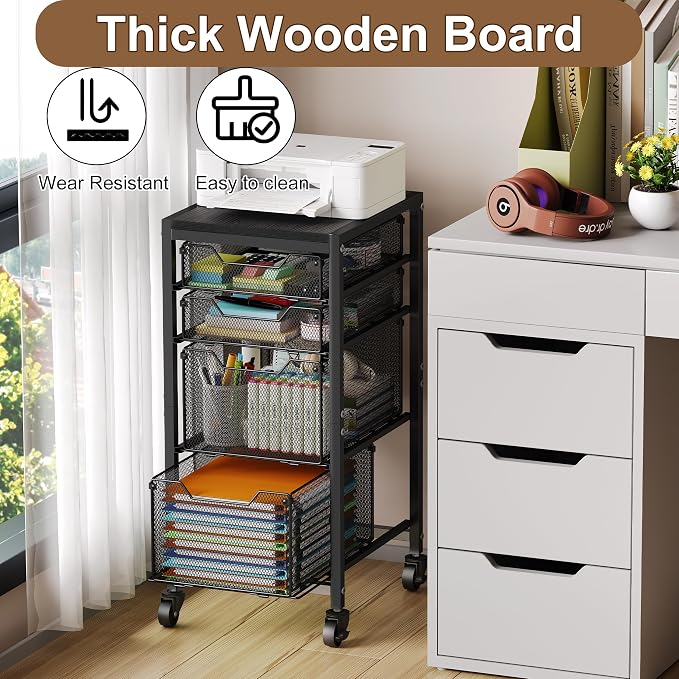 Slim Rolling Storage Cart with Drawers, Under Desk Storage with Wooden Tabletop & Lockable Wheels, 4-Tier Storage Drawers for Bathroom, Craft, Office, Black