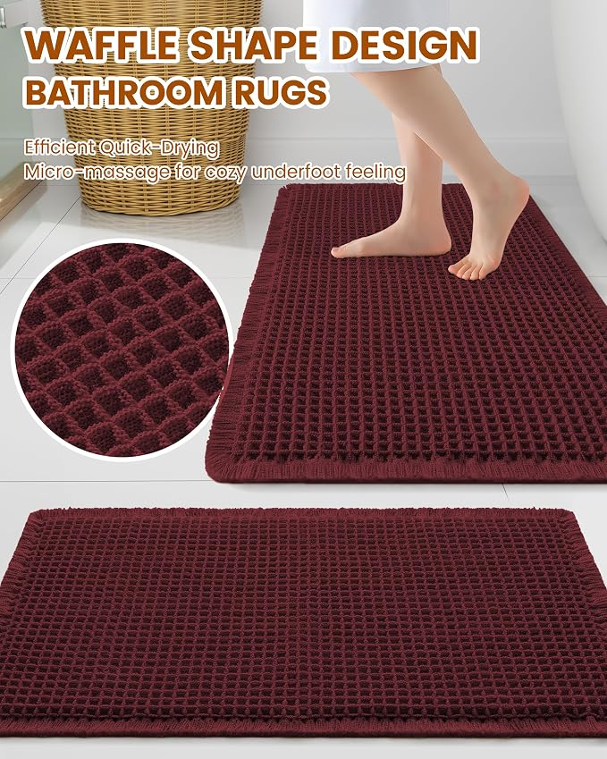 Smiry Waffle Bath Mat 30x20, Extra Soft Absorbent Bathroom Rugs, Non Slip Machine Washable Quick Dry Bath Rugs for Bathroom Floor, Tub, Shower, Home Decor Accessories, Burgundy
