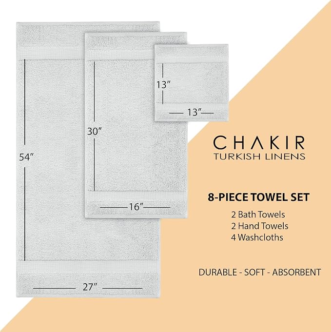 Chakir Turkish Linens Premium Cotton Absorbent Turkish Towels (8-Piece Towel Set, Silver)