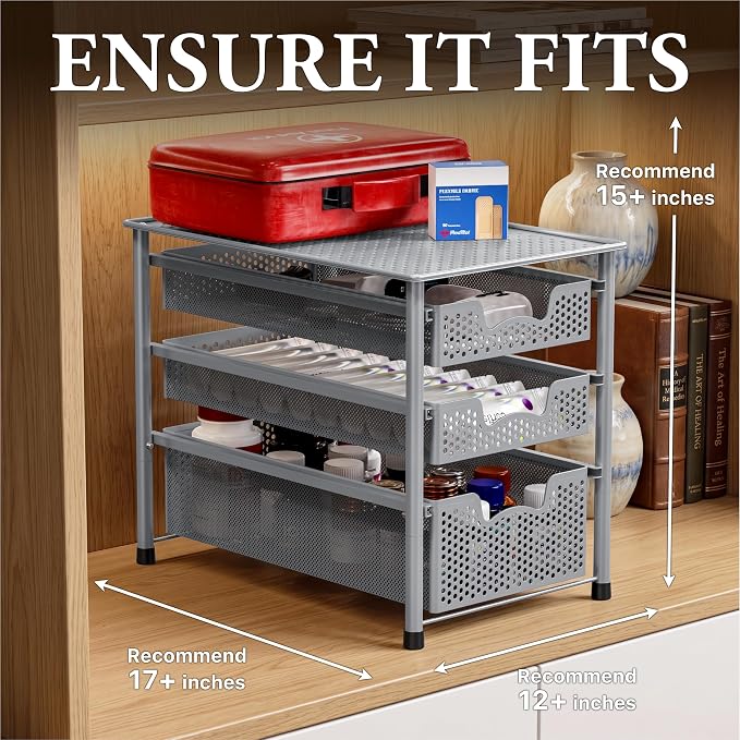 Simple Houseware Stackable 3 Tier Sliding Basket Organizer Drawer, Silver