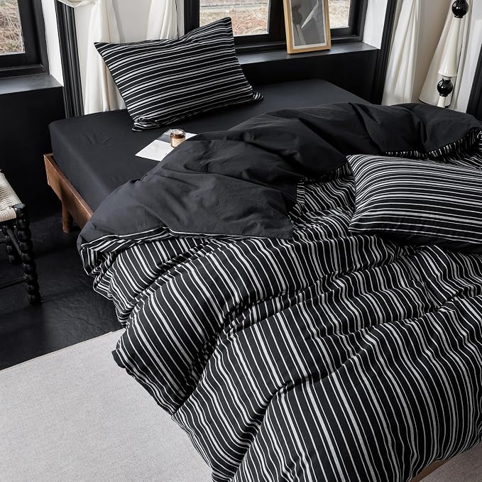 Reversible Duvet Cover Set 100% Washed Cotton Black Stripe Linen Feel Duvet Cover Queen Size with Zipper Closure & 2 Pillow Shams, Black/White Stripe Reverse Solid Black