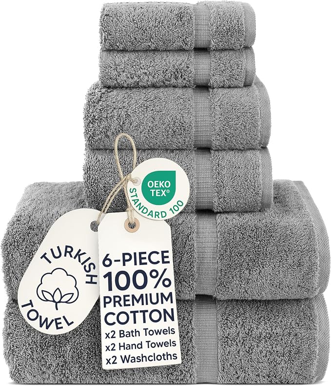 Chakir Turkish Linens 6 Piece Towels Set, 100% Cotton Luxury Turkish Towels for Bathroom, Soft Absorbent Bath Towel Set with 2 Bath Towels 2 Hand Towels 2 Washcloths, Gray