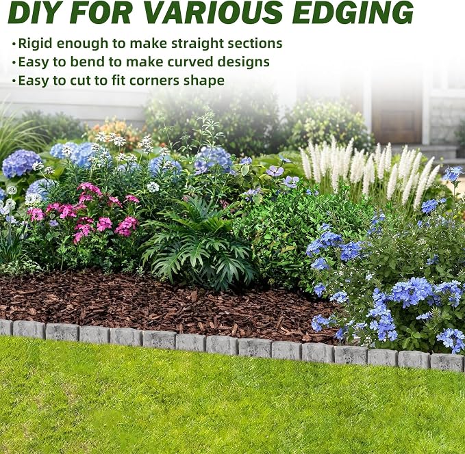Landscape Edging Garden Edging Border Faux Stone Edging,91FT x 2.75 in Tall | Decorative Stone-Look Garden Border for Flower Bed Edging,Yard Edging,Lawn Trees and Gardens,w/ Anchoring Spikes,Gray