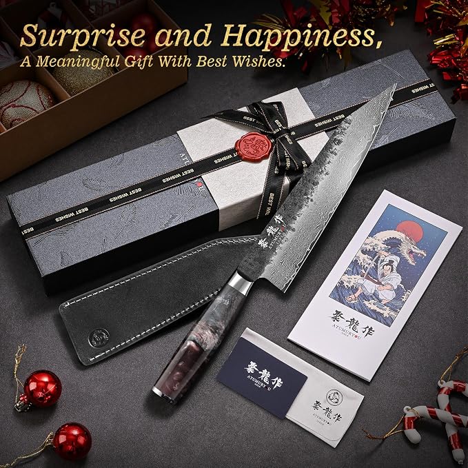 8.27'' Japanese Damascus Kiritsuke Knife, VG10 Steel Forged | Kurouchi Forged Finish, Damascus Stainless Steel Cladding, Flat Edge Push Cuts, Leather Sheath Included, Premium Gift Box