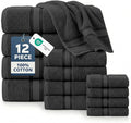 LANE LINEN Bath Towel Set Quick Dry 100% Cotton 12 Piece Soft - Black | Cotton Bath Towels - Classic Terry Weave, Densely Woven, Coordinated Colors, Dobby Border Accent, OEKO-TEX Certified