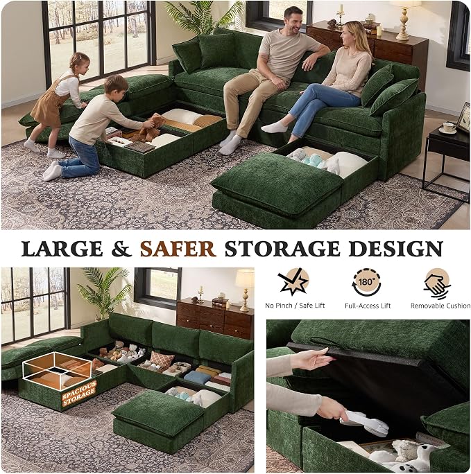 Ihanherry Oversized Sectional Sofa Bed with Storage, 103" 6-Seater Modular Cloud Couch with Movable Ottomans, Chenille Deep Seat Sleeper Couches for Living Room (Green)