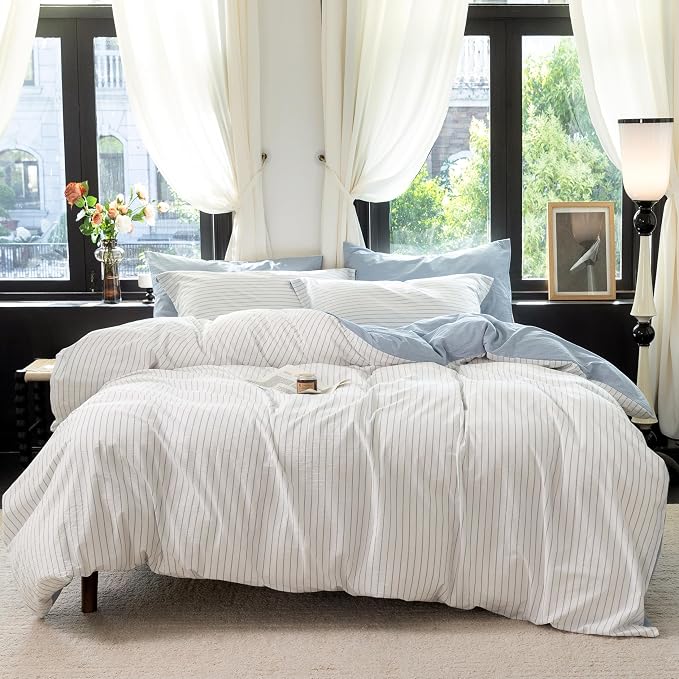 Reversible Duvet Cover Set 100% Washed Cotton Sky Blue Stripe Linen Feel Duvet Cover California King Size with Zipper Closure & 2 Pillow Shams,Sky Blue/White Stripe Reverse Solid Sky Blue