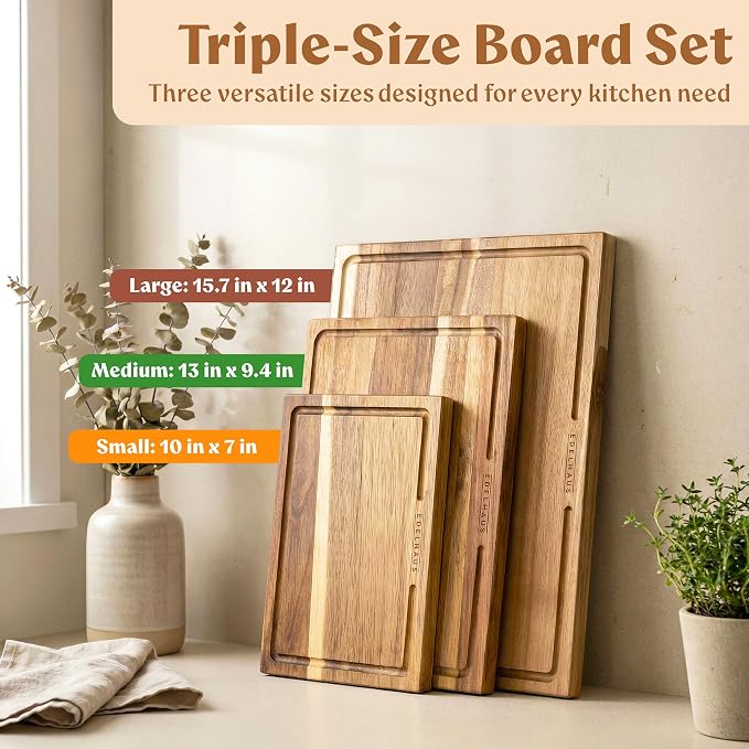 Acacia Wood Cutting Boards for Kitchen Set of 3 with Juice Groove | Non toxic FSC certified wooden chopping boards, knife-friendly, large kitchen boards for meat, cheese, charcuterie & serving