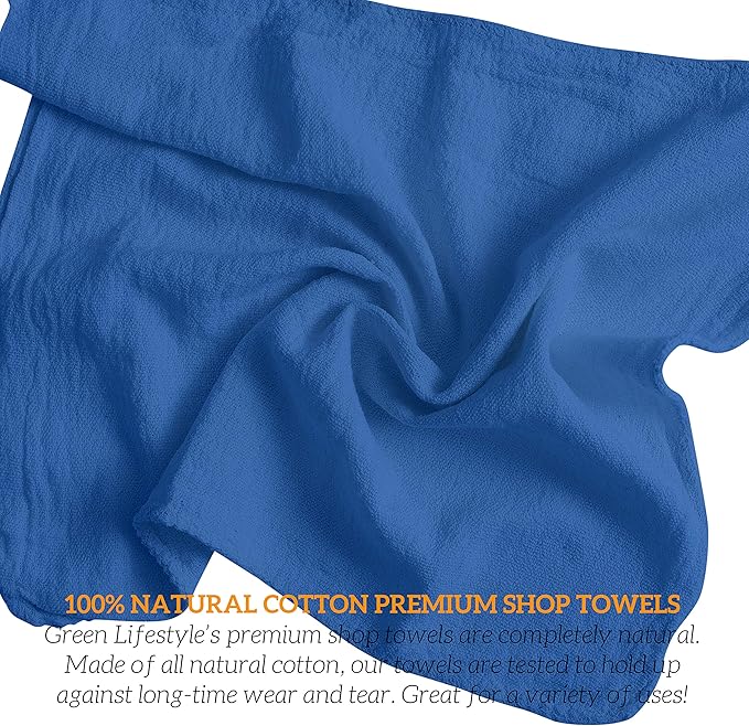 GREEN LIFESTYLE 150 Pack 12x14, Blue Shop Towels 100% Cotton, Super Absorbent and Durable for Car, Reusable Shop Rags