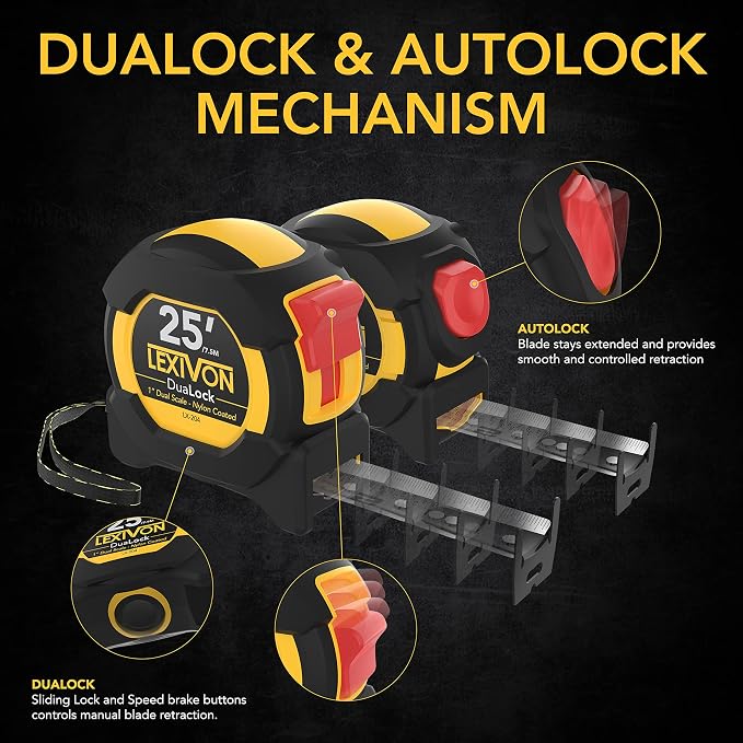 LEXIVON [2-Pack] 25Ft/7.5m Tape Measure, DuaLock & AutoLock | 1-Inch Wide Blade with Nylon Coating, Matt Finish White & Yellow Dual Sided Rule Print | Ft/Inch/Fractions/Metric (LX-204)