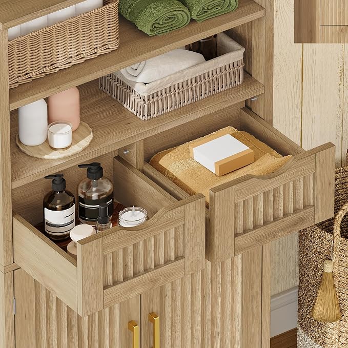 Iwell Tall Storage Cabinet, Fluted Cabinet with 2 Drawers & Adjustable Shelf, Bathroom Storage Cabinet, Kitchen Pantry Storage Cabinet, for Living Room, Dining Room, Home Office, Natural Oak