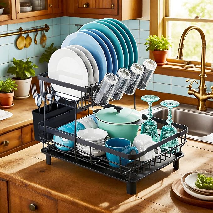 MOUKABAL 2 Tier Dish Drying Rack with Drainboard for Kitchen Counter, Black | 13×17 Large Capacity/Rustproof Stainless Steel/Fast Drainage Dish Drainer/Removable Utensil Holder/Kitchen Counter Organizer