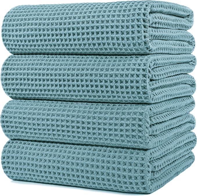 POLYTE 430 GSM Poly Blend Microfiber Quick Dry Waffle Bath Towel, 30x60 in | 4 Pack, Oversize, Lint Free, Body Towel