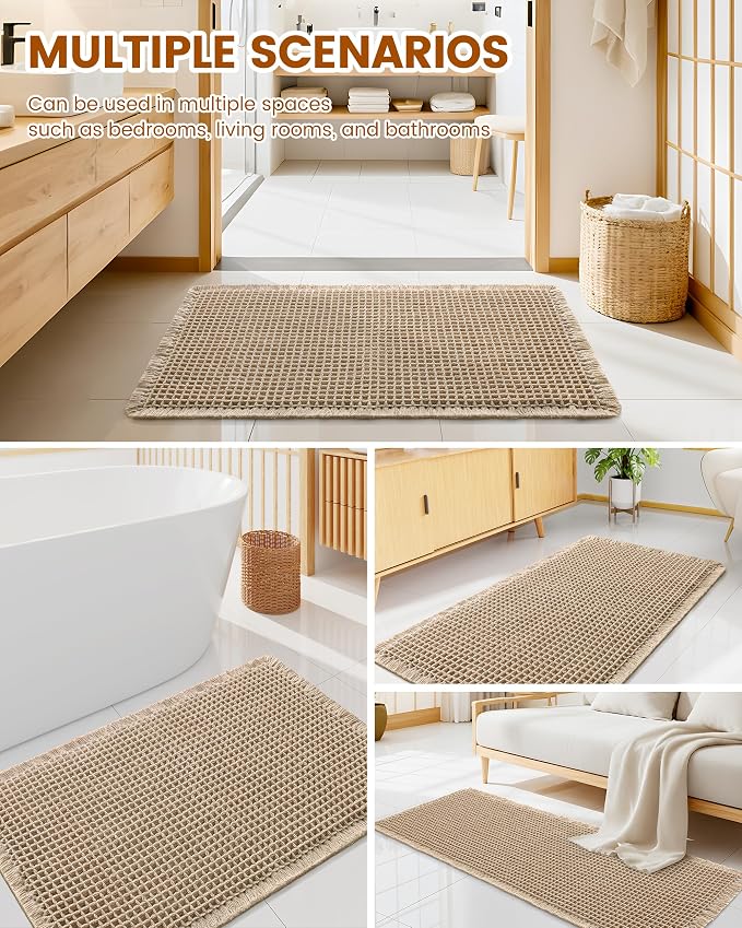 Smiry Waffle Bath Mat 24x16, Extra Soft Absorbent Bathroom Rugs, Non Slip Machine Washable Quick Dry Bath Rugs for Bathroom Floor, Tub, Shower, Home Decor Accessories, Brown & Cream
