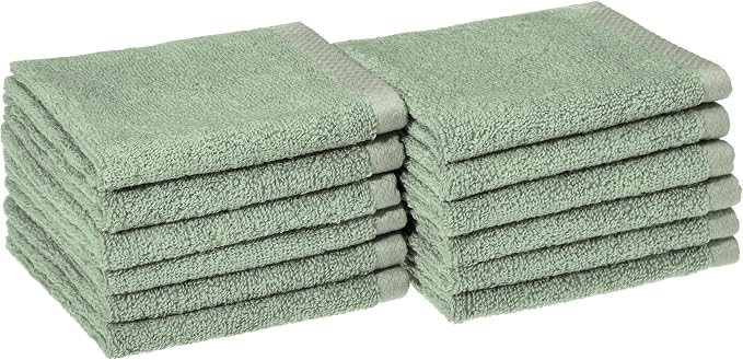 Amazon Basics Cotton Washcloths, Lightweight Quick-Dry, Comfy and Soft, 12" x 12", Seafoam Green, 12-Pack