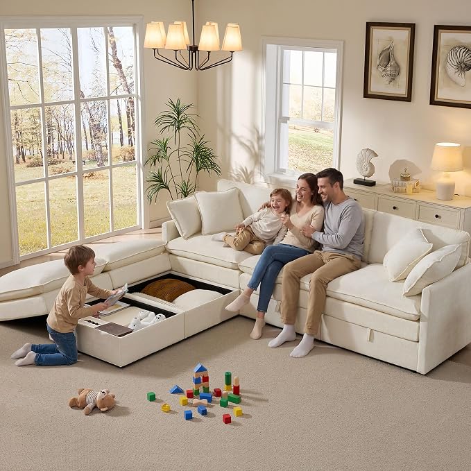 Ihanherry 103” Modular Sectional Sofa with Storage, U Shaped Cloud Couch with Movable Ottomans & 4 Pillows, Chenille Deep Seat Sectional Couches for Living Room, Apartment (Beige)