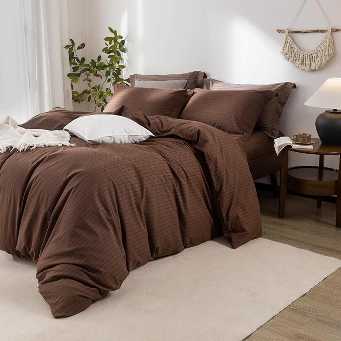Stripe Duvet Cover King Size 104inch x 90inch,100% Washed Cotton Pinstripe Duvet Cover with Zipper Closure and 2 Pillowcases, Color of Cocoa Brown-Black Stripe