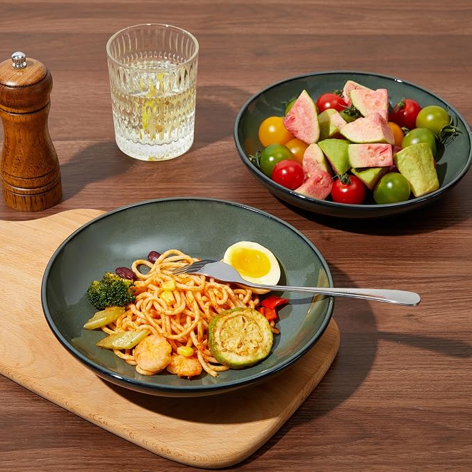 Pokini 16 Piece Double Bowl Dinnerware Sets with Pasta Bowls, Highly Chip and Crack Resistant Plates and Bowls Sets, Natural Earthyware Ceramic Dishware Sets, Service for 4 Blackish Green