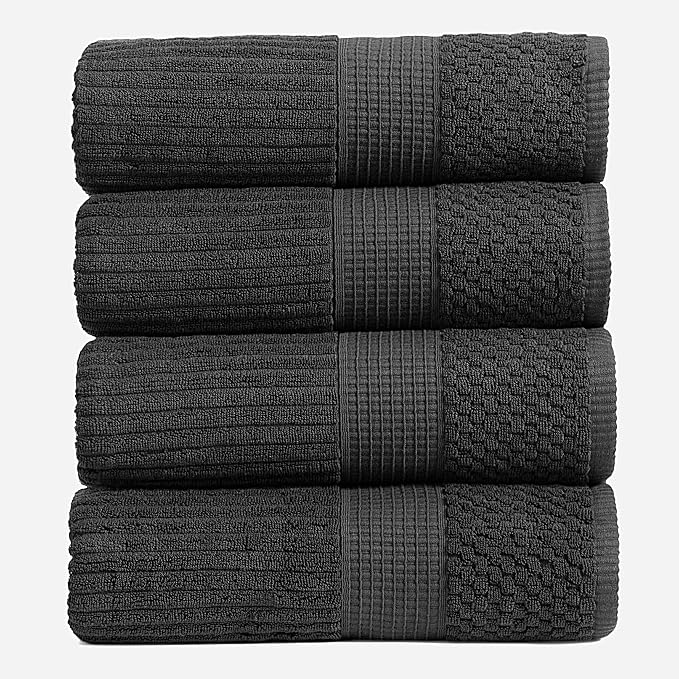 Springtree Home 100% Cotton Bath Towel Set | 4-Pack | Textured | Black | Absorbent & Quick-Dry Bathroom Towels | Textured and Durable Cotton Towels for Bathroom | OEKO-TEX | Krista Collection