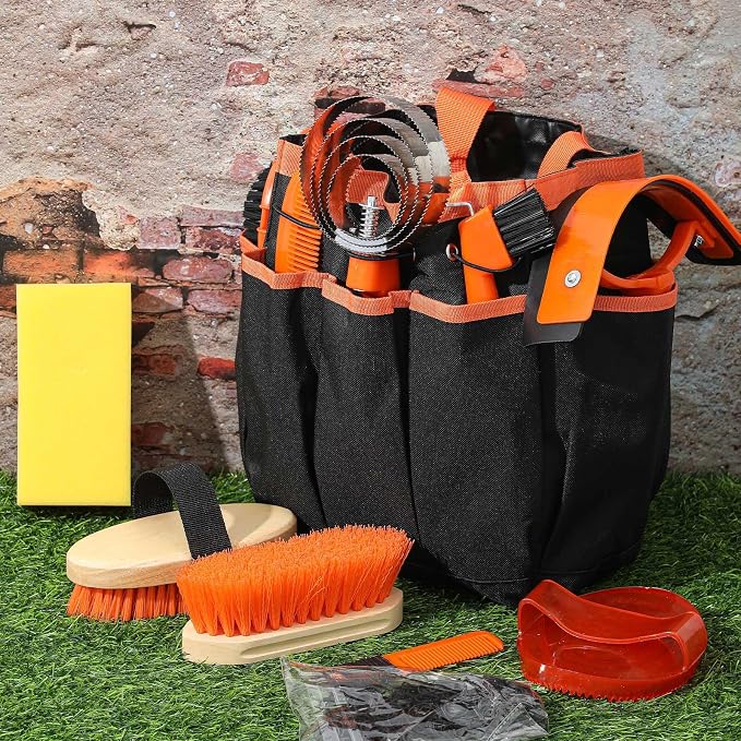Abbylike 12 Piece Horse Grooming Kit with Organizer Tote Bag Brush Sets for Derby Day Show Horses Professional Tools for Care & Massage(Orange)