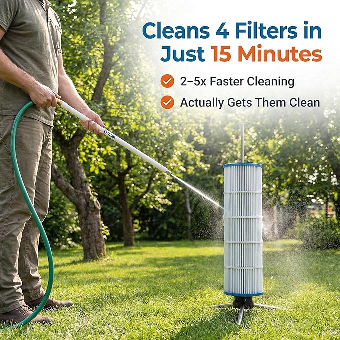 CYCLONE FILTER CLEANER PRO – Patented Hose-Powered Spinning Cartridge Filter Cleaning Tool with Folding Tripod Stand & Pro Tool Bag – Cleans 5X Faster – Fits 3”, 4”, 6” ID Pool Filters