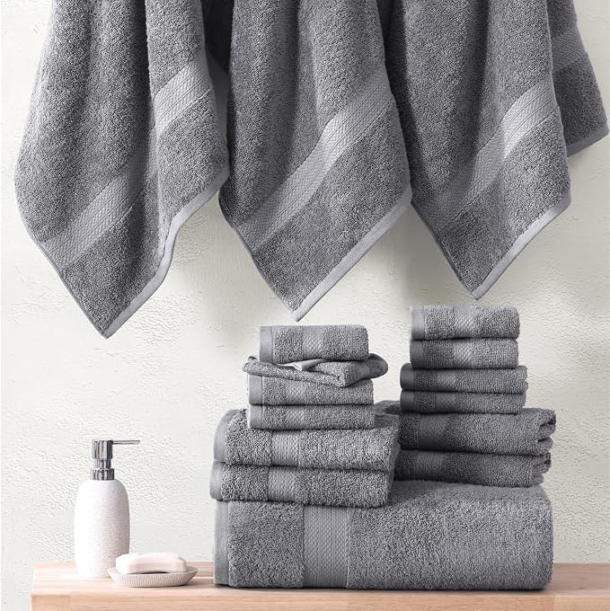 LANE LINEN Towel Set Soft Absorbent Quick Dry 100% Cotton 24 Piece - Grey | Cotton Bath Towels - Lightweight & Breathable, Fade-Resistant Color, Classic Terry Weave, Densely Woven & Durable