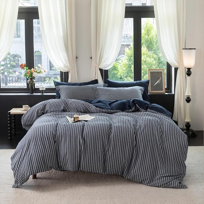 Reversible Duvet Cover Set 100% Washed Cotton Blue Stripe Linen Feel Duvet Cover Full Size with Zipper Closure & 2 Pillow Shams,Navy/White Stripe Reverse Solid Navy