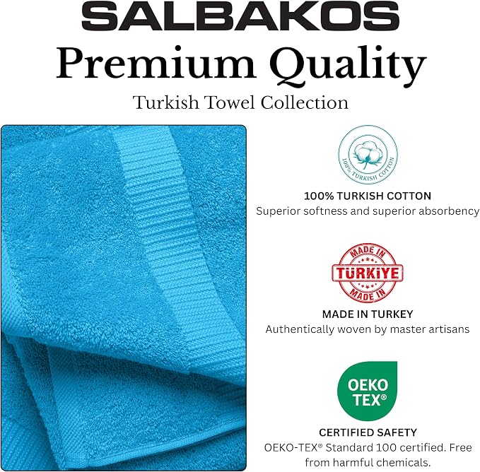 SALBAKOS 12-Piece 100% Turkish Cotton Washcloths and Face Towels, Aqua | 13x13 in Standard Size Small Towel, Multi-use Bathroom & Kitchen, Thick Super Soft Absorbent Durable, Oeko-Tex Made in Turkey
