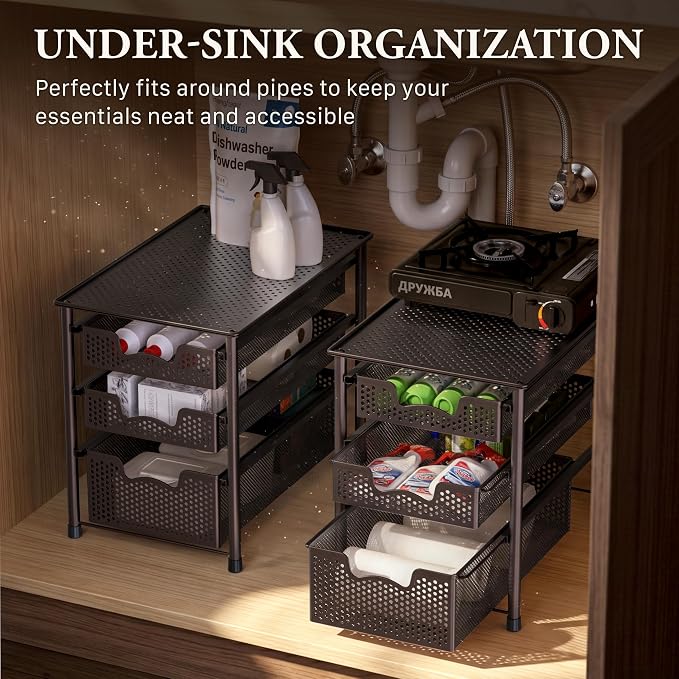 Simple Houseware Stackable 3 Tier Sliding Basket Organizer Drawer, Bronze