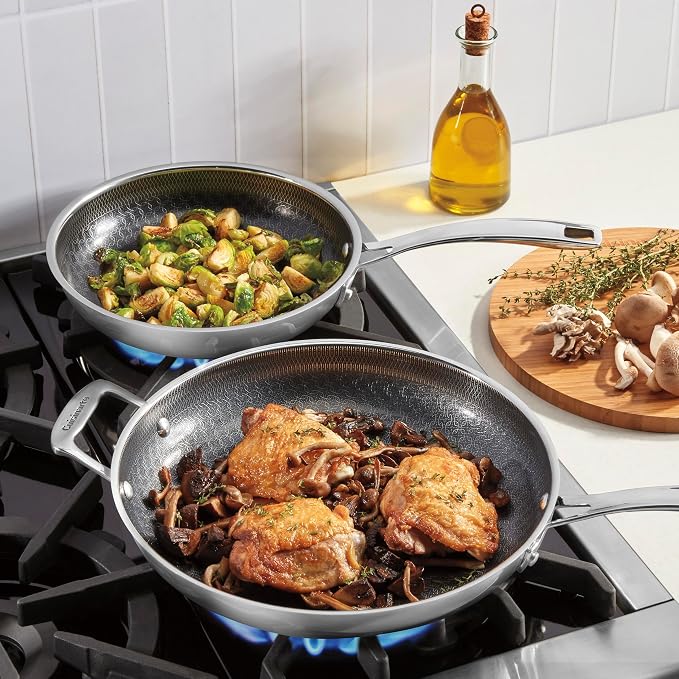 Cuisinart FusionPlus Hybrid Stainless Steel 2-Pc Skillet Cooking Set, 10 Inch and 12 Inch Open Skillets, PURELYSEAR Hybrid Searing Surface, Oven Safe, Cool Grip, Induction Compatible