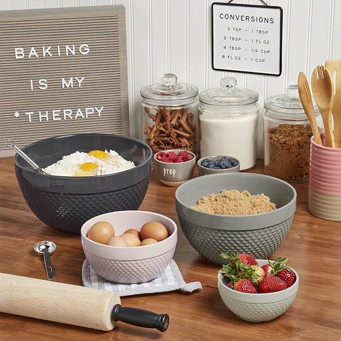 Tabletops Gallery Hobnail Style 4 Piece Timeless Grey Stoneware Nesting Mixing Bowl Set for Baking and Cooking