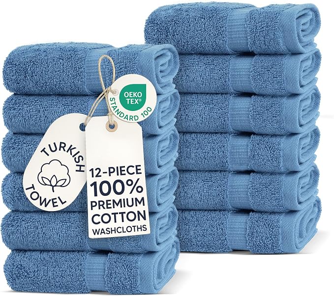 Chakir Turkish Linens 12 Piece Washcloth Set, 100% Cotton Luxury Turkish Washcloths for Bathroom, Soft Absorbent Washcloths, 13 x 13 Inches, Wedgewood