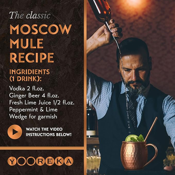 Yooreka Gift Set Moscow Mule Mugs Set Of 4 16 oz Solid Cooper, 100% Pure Copper Cups HANDCRAFTED, BONUS 4 Straws, 4 Wood Coasters, Stirring Spoon, Shot Glass and Cleaning brush (Oval)