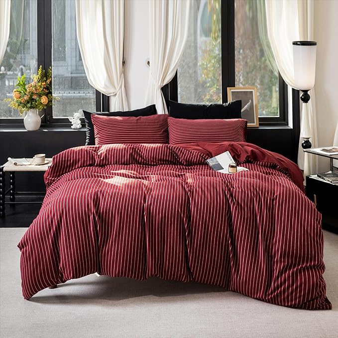 Reversible Duvet Cover Set 100% Washed Cotton Red Stripe Linen Feel Duvet Cover Queen Size with Zipper Closure & 2 Pillow Shams, Red/White Stripe Reverse Solid Red