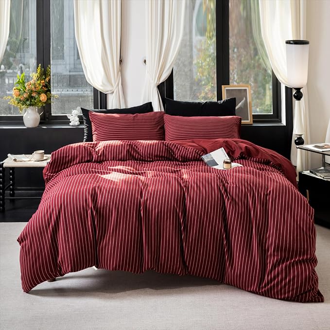 Reversible Duvet Cover Set 100% Washed Cotton Red Stripe Linen Feel Duvet Cover King Size with Zipper Closure & 2 Pillow Shams, Red/White Stripe Reverse Solid Red