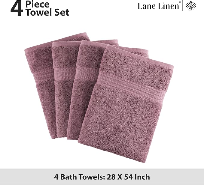 LANE LINEN Bath Towel Set Quick Dry 100% Cotton 4 Piece - Wishful Mauve | Cotton Towels - Classic Terry Weave, Densely Woven, Coordinated Colors, Dobby Border Accent, OEKO-TEX Certified