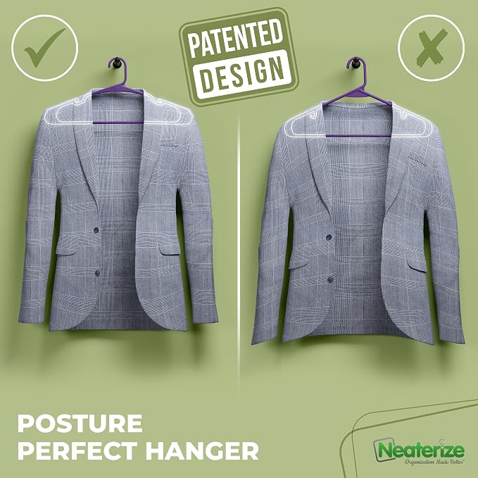 NEATERIZE Clothes Hangers Plastic 100 Pack for Adults - Plastic Hangers, The Perfect Coat Hanger and Space Saving Clothes Hangers for Closet - Purple Hangers