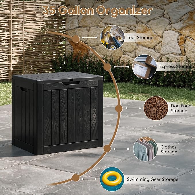NUNU LAB 35 Gal Outdoor Storage Box Waterproof Lockable,Deck Box,Black | Waterproof Outdoor Storage Box, Lockable Lid Deck Box for Package Delivery, Backyard Bin for Garden Tools, Patio Cushion