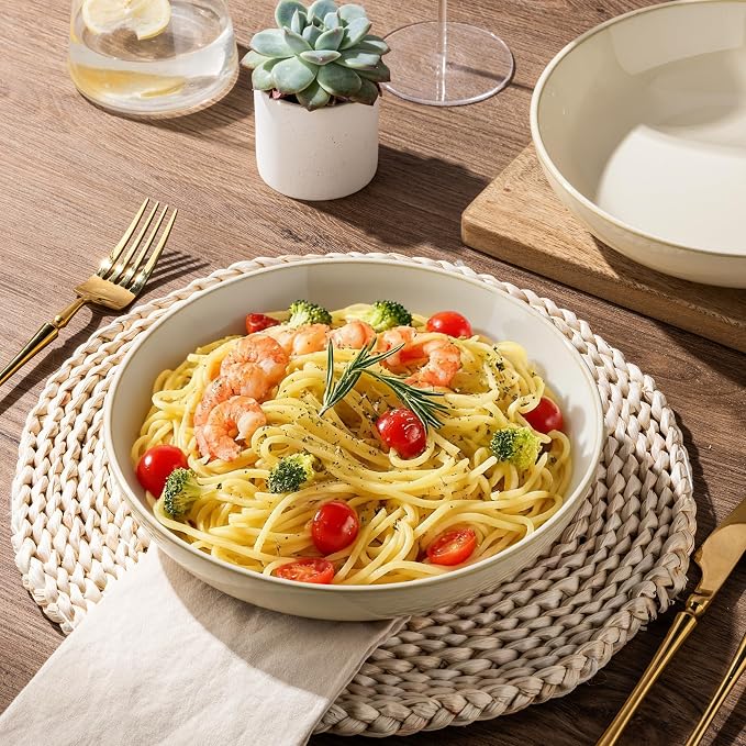 AmorArc 8.5'' Large Ceramic Pasta Bowls, 36oz Stoneware Pasta Serving Bowls Set of 4 for Kitchen, Wide Bowls for Pasta,Salad,OatmeaL,Microwave Safe, Reactive Glaze-Vanilla