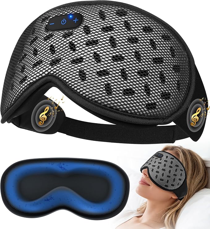 MUSICOZY Bluetooth Sleep Mask, Cooling Weighted Eye Mask with Bluetooth Headphones for Side Sleepers, 3D Contoured Relaxing No Pressure Eye Cover to Block Light for Night Sleeping(Grid Black)