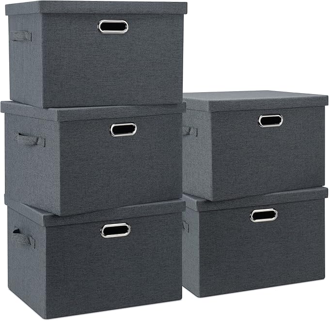 Graciadeco Large 17" 36 Quart Collapsible Stackable Storage Bins with Lids, 5 Packs Dark Gray Foldable Fabric Closet Storage Boxes with Lids Heavy-duty Linen Cube Baskets(17 x 12 x 11)