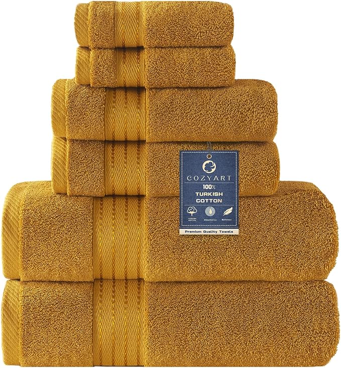 COZYART Luxury Bath Towel Set 6 Pcs, Gold 100% Turkish Cotton 650 GSM | OEKO-Tex 100 Certified Zero Twist Ring Spun, Soft Absorbent Quick Dry, Plush Fluffy, Breathable Hotel Quality for Daily Use