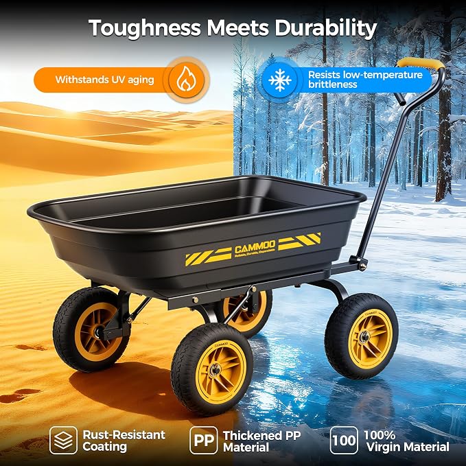 CAMMOO 10-in NO-Flat Tires 600lb Garden Dump Cart 4 Cu.Ft. Wheelbarrow | Garden Wagon Quick-Release Dumping Garden Cart Virgin Polypropylene - Not Recycled Material for Landscaping Gardening
